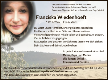 Traueranzeige von Franziska Wiedenhoeft von WLZ