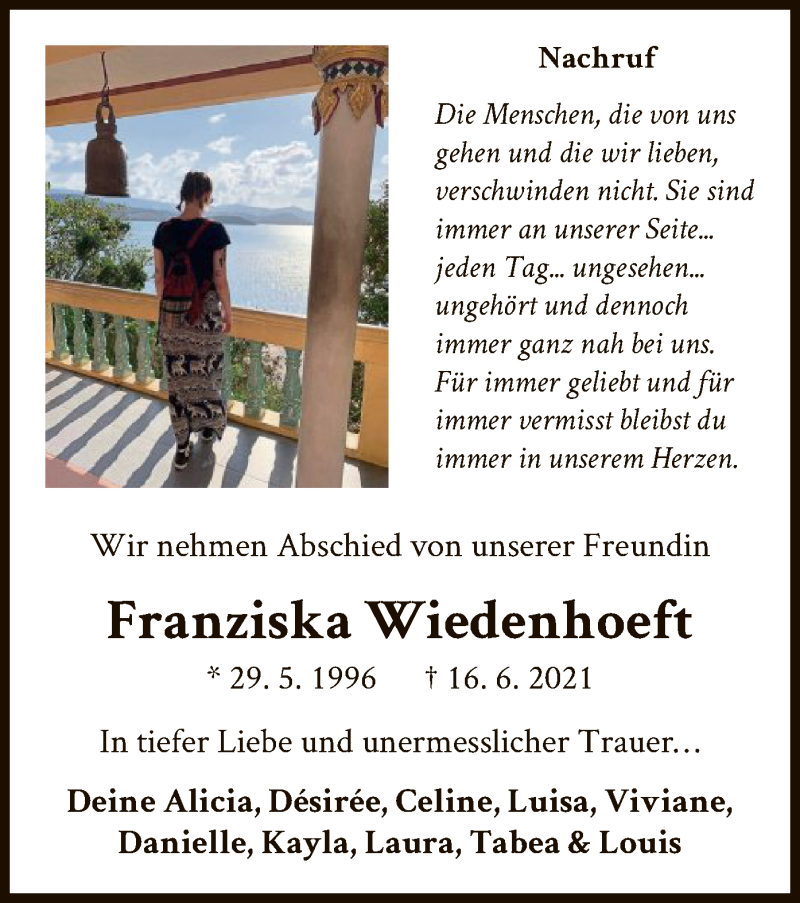 Traueranzeige für Franziska Wiedenhoeft vom 07.07.2021 aus WLZ