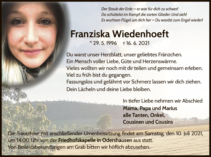  Traueranzeige für Franziska Wiedenhoeft vom 03.07.2021 aus WLZ