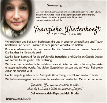 Traueranzeige von Franziska Wiedenhoeft von WLZ