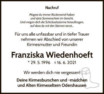 Traueranzeige von Franziska Wiedenhoeft von WLZ