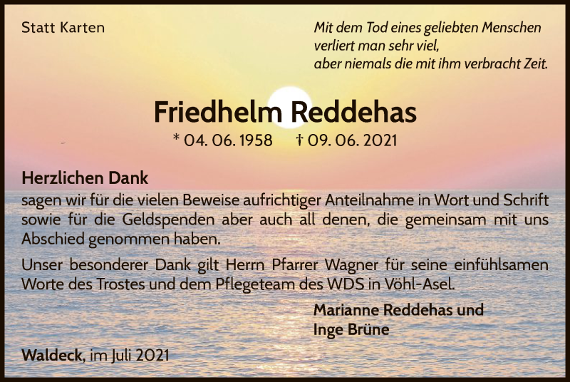  Traueranzeige für Friedhelm Reddehas vom 31.07.2021 aus WLZ