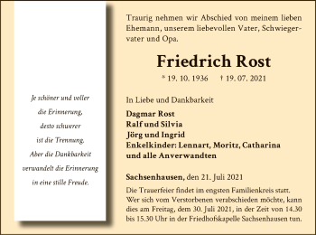 Traueranzeige von Friedrich Rost von WLZ