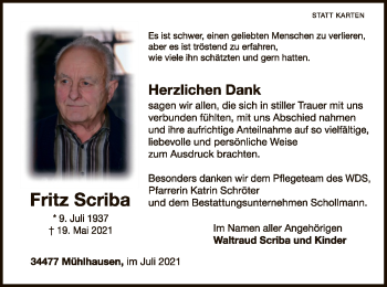 Traueranzeige von Fritz Scriba von WLZ