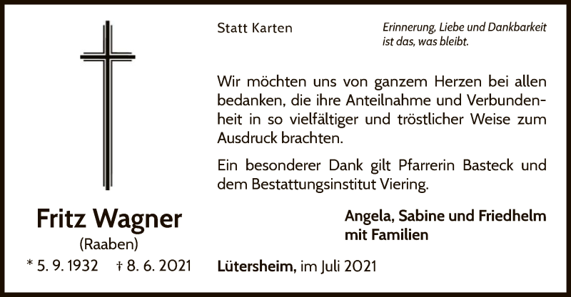  Traueranzeige für Fritz Wagner vom 03.07.2021 aus WLZ