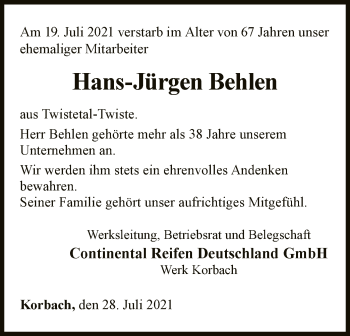 Traueranzeige von Hans-Jürgen Behlen von WLZ