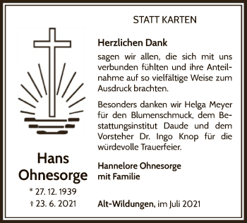 Traueranzeige von Hans Ohnesorge von WLZ