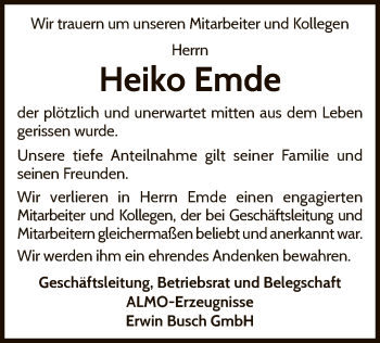 Traueranzeige von Heiko Emde von WLZ