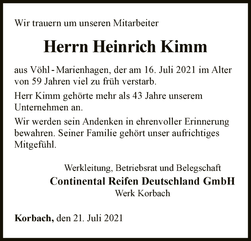  Traueranzeige für Heinrich Kimm vom 21.07.2021 aus WLZ