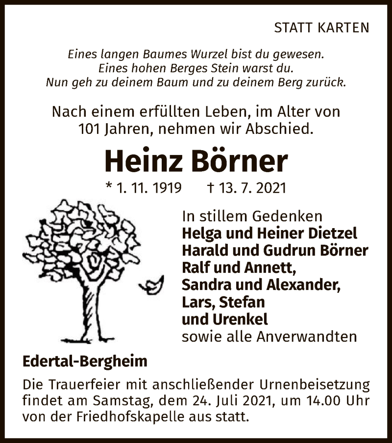  Traueranzeige für Heinz Börner vom 17.07.2021 aus WLZ