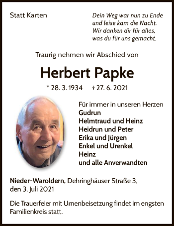 Traueranzeige von Herbert Papke von WLZ