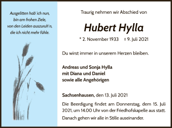 Traueranzeige von Hubert Hylla von WLZ