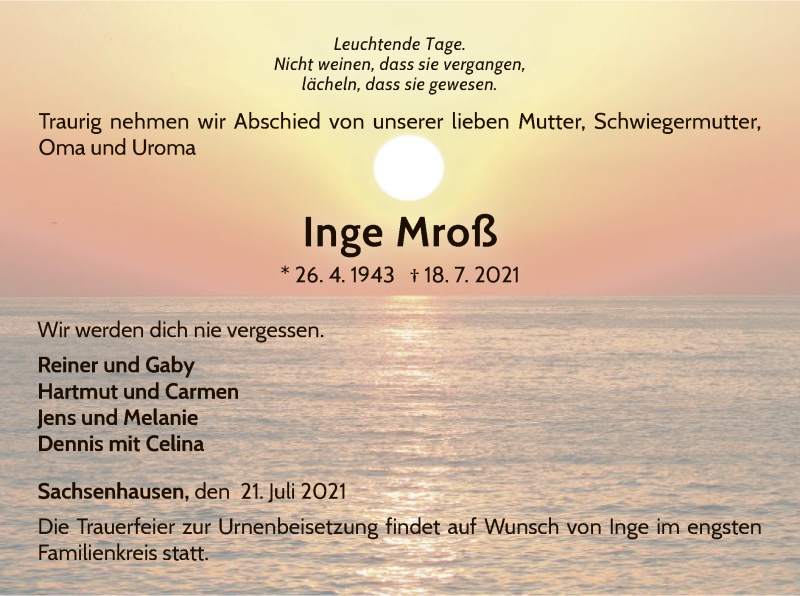  Traueranzeige für Inge Mroß vom 21.07.2021 aus WLZ