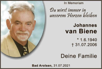 Traueranzeige von Johannes van Biene von WLZ