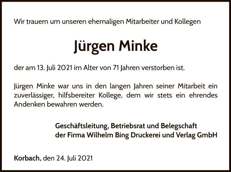  Traueranzeige für Jürgen Minke vom 24.07.2021 aus WLZ
