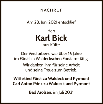 Traueranzeige von Karl Bick von WLZ