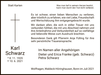 Traueranzeige von Karl Schwarz von HNA