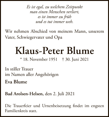 Traueranzeige von Klaus-Peter Blume von WLZ