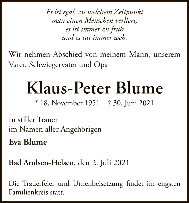  Traueranzeige für Klaus-Peter Blume vom 02.07.2021 aus WLZ