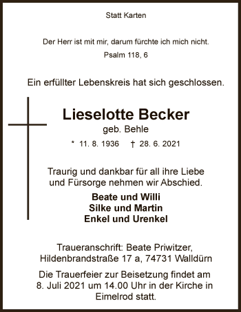 Traueranzeige von Lieselotte Becker von WLZ