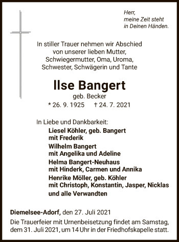 Traueranzeige von llse Bangert von WLZ