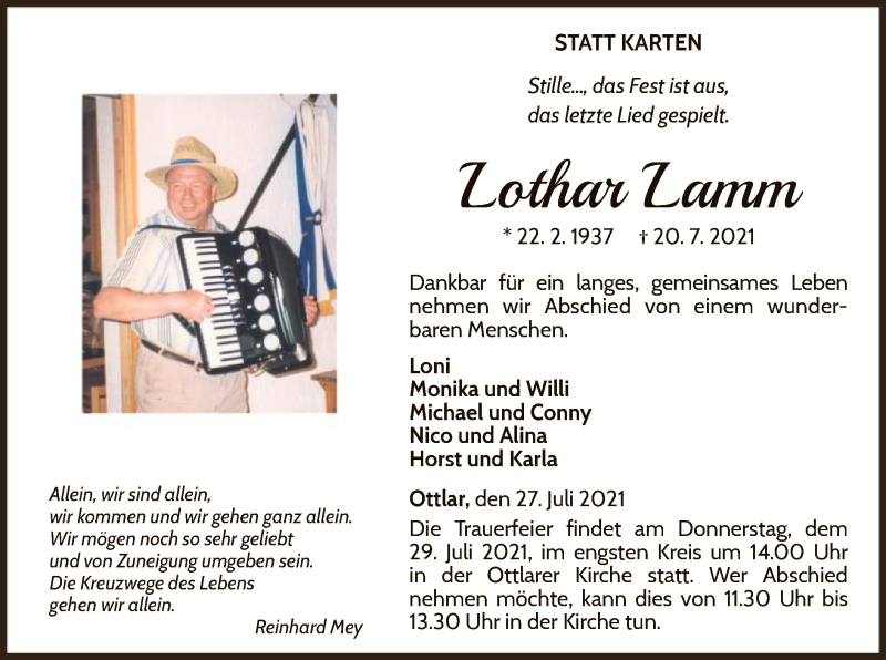  Traueranzeige für Lothar Lamm vom 27.07.2021 aus WLZ