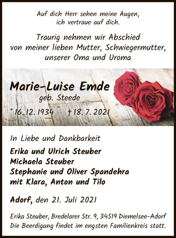 Traueranzeige von Marie-Luise Emde von WLZ