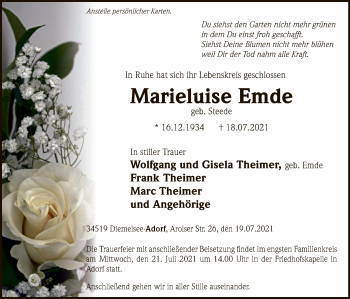 Traueranzeige von Marieluise Emde von WLZ