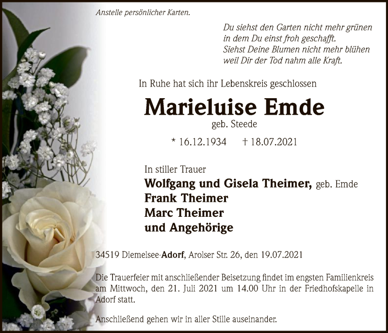  Traueranzeige für Marieluise Emde vom 20.07.2021 aus WLZ
