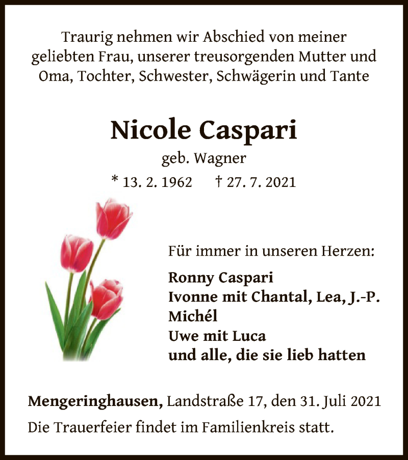  Traueranzeige für Nicole Caspari vom 31.07.2021 aus WLZ