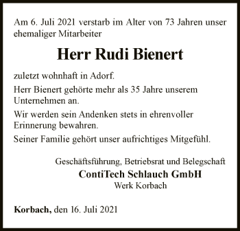 Traueranzeige von Rudi Bienert von WLZ