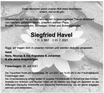 Traueranzeige von Siegfried Havel von WLZ