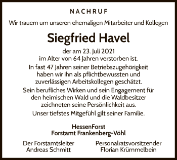 Traueranzeige von Siegfried Havel von WLZ