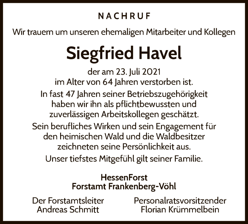  Traueranzeige für Siegfried Havel vom 31.07.2021 aus WLZ