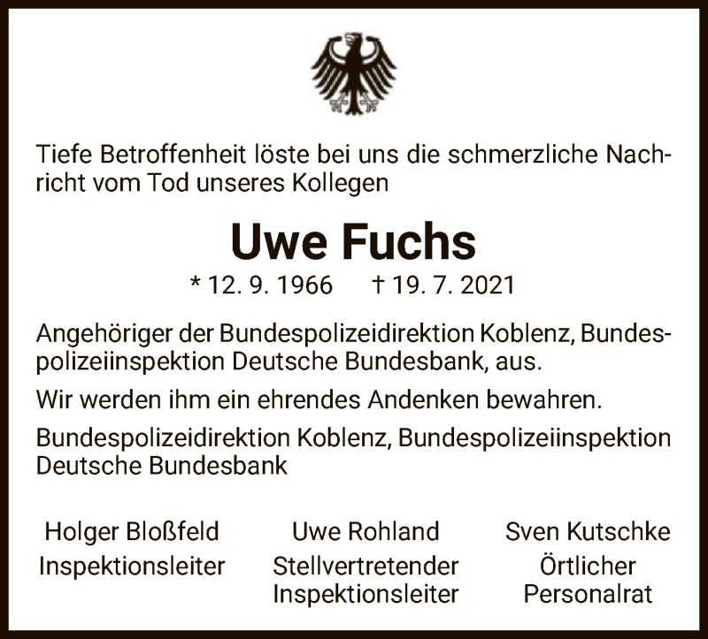  Traueranzeige für Uwe Fuchs vom 24.07.2021 aus WLZ