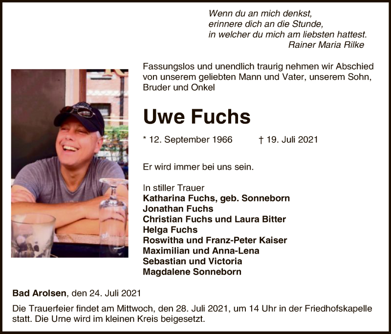  Traueranzeige für Uwe Fuchs vom 24.07.2021 aus WLZ