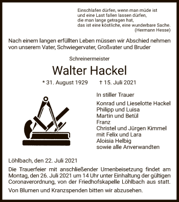 Traueranzeige von Walter Hackel von HNA