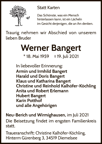 Traueranzeige von Werner Bangert von WLZ