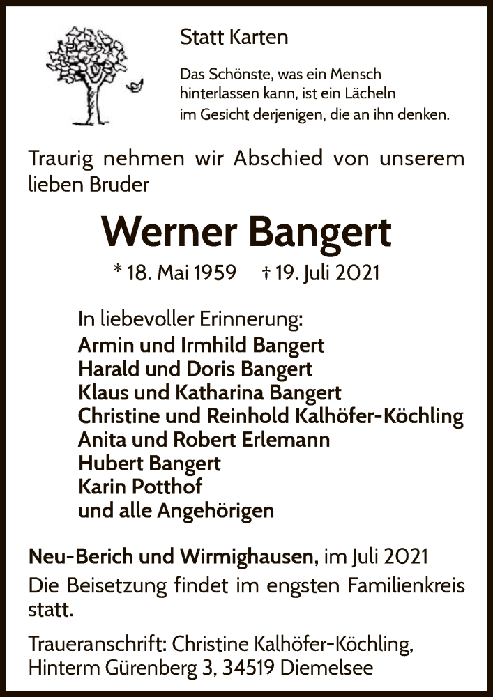 Traueranzeige für Werner Bangert vom 23.07.2021 aus WLZ