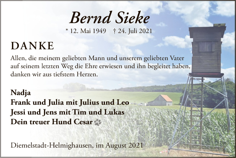  Traueranzeige für Bernd Sieke vom 18.08.2021 aus WLZ