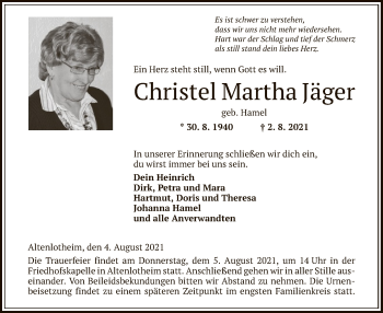 Traueranzeige von Christel Martha Jäger von HNA