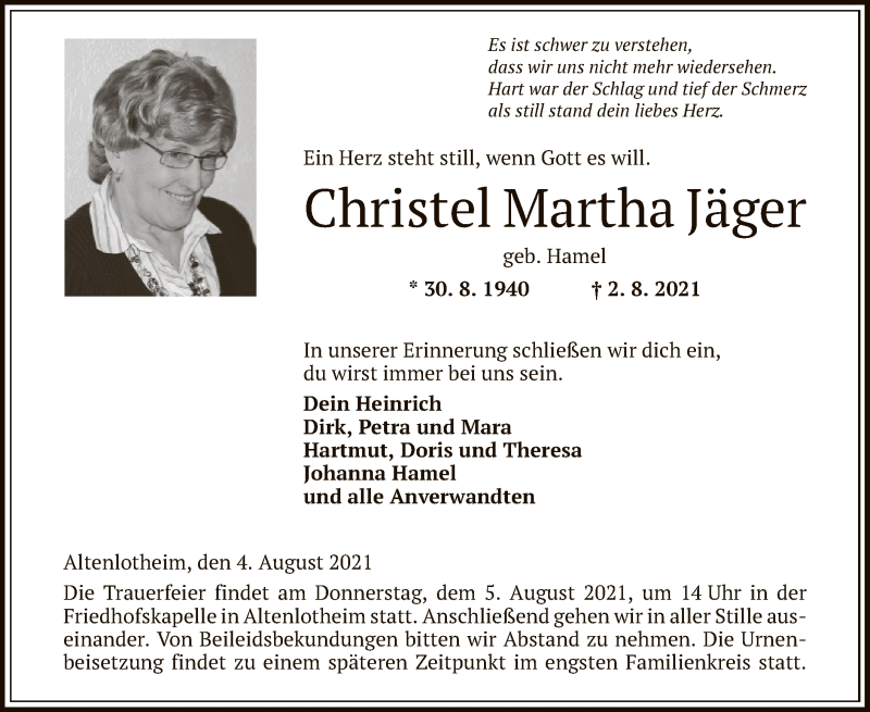  Traueranzeige für Christel Martha Jäger vom 04.08.2021 aus HNA