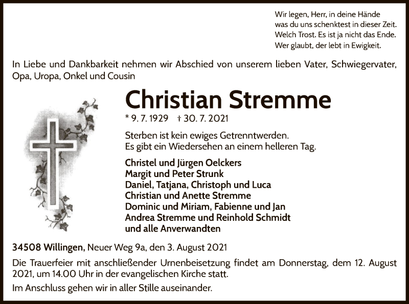  Traueranzeige für Christian Stremme vom 03.08.2021 aus WLZ