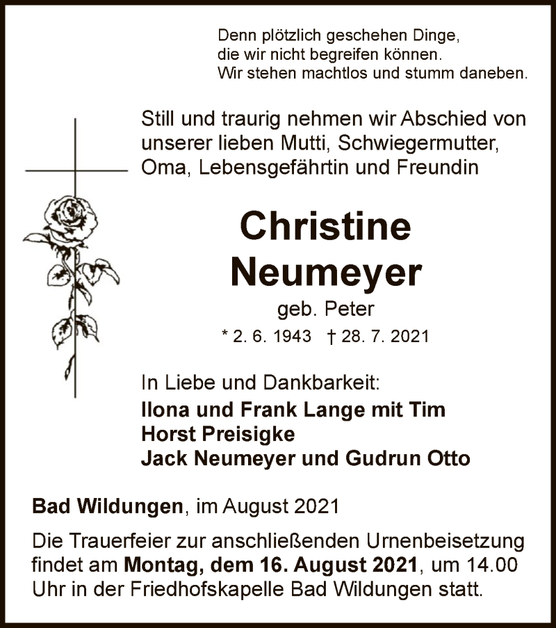  Traueranzeige für Christine Neumeyer vom 07.08.2021 aus WLZ