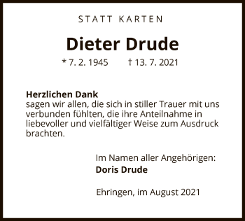 Traueranzeige von Dieter Drude von HNA