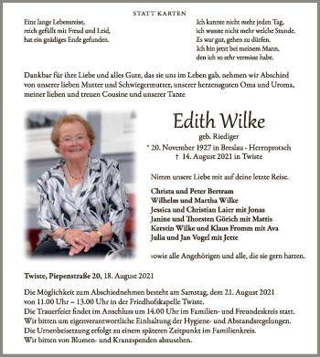 Traueranzeige von Edith Wilke von WLZ