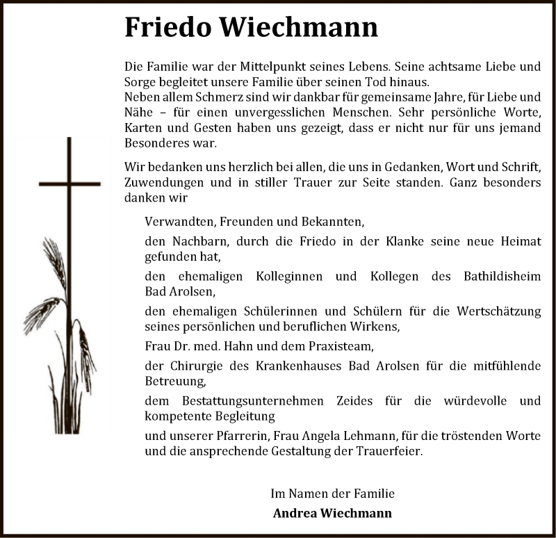  Traueranzeige für Friedo Wiechmann vom 21.08.2021 aus WLZ