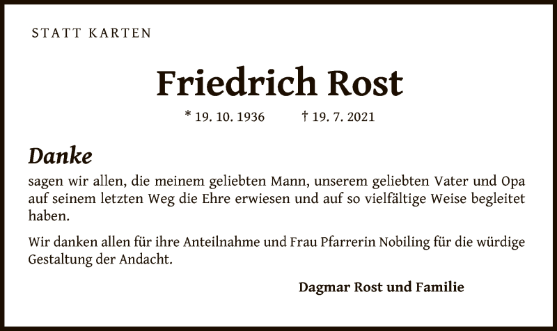  Traueranzeige für Friedrich Rost vom 24.08.2021 aus WLZ