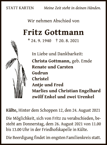 Traueranzeige von Fritz Gottmann von WLZ