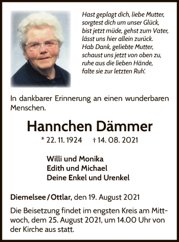 Traueranzeige von Hannchen Dämmer von WLZ